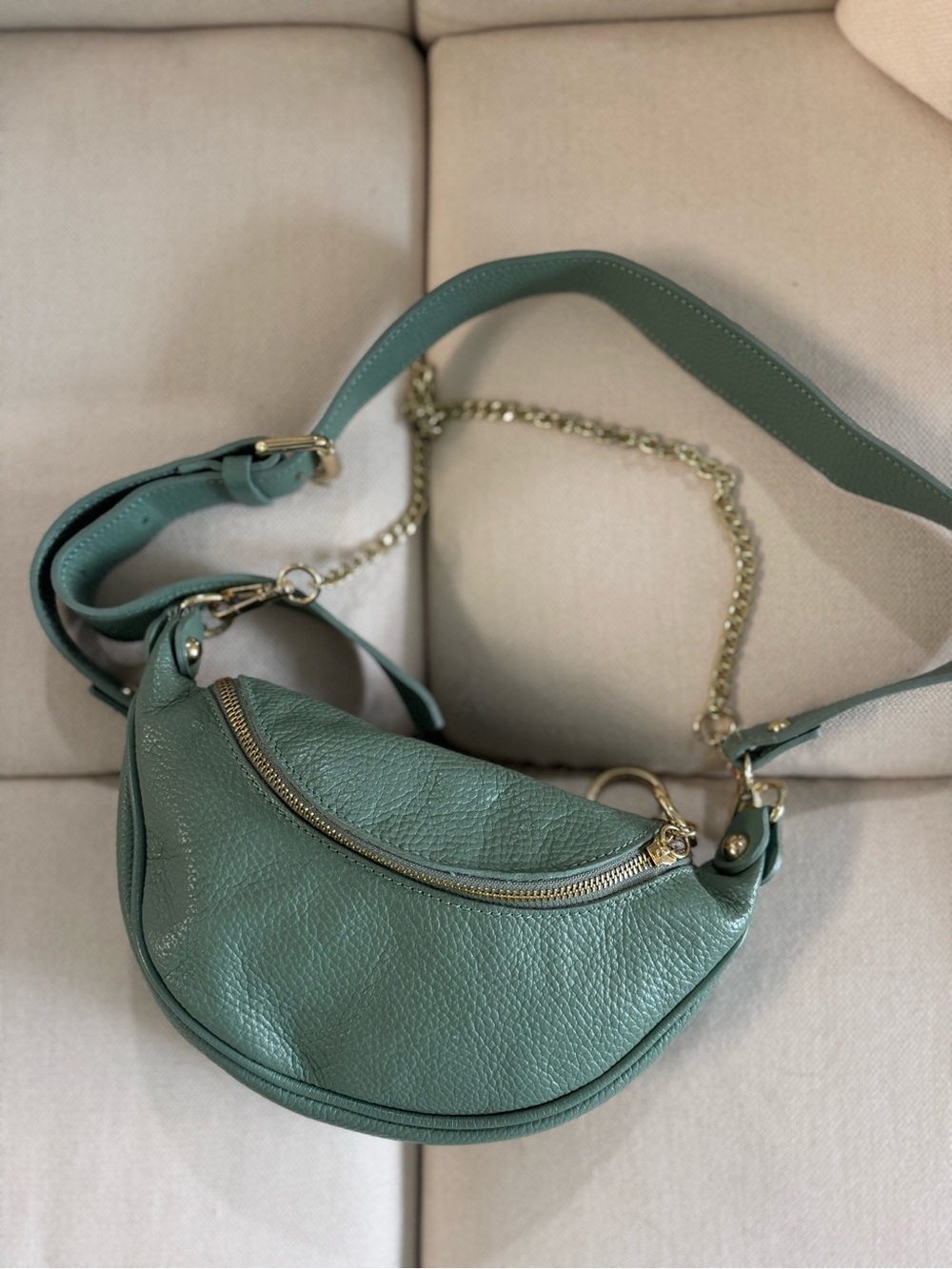 Green Leather Crescent Crossbody Bag with Gold Chain